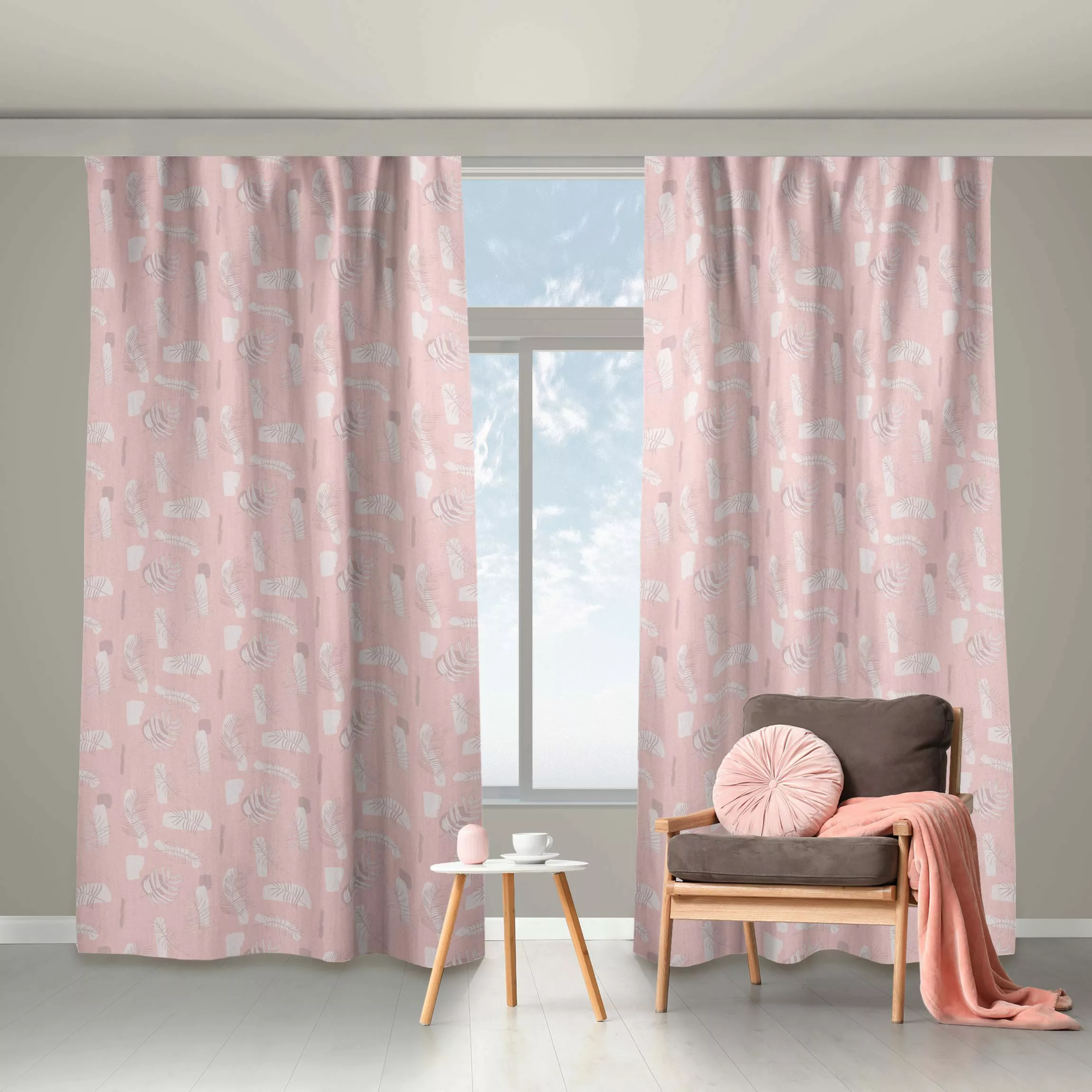 Vorhang Abstraktes Muster mit Palmblätter - Blasses Pink günstig online kaufen