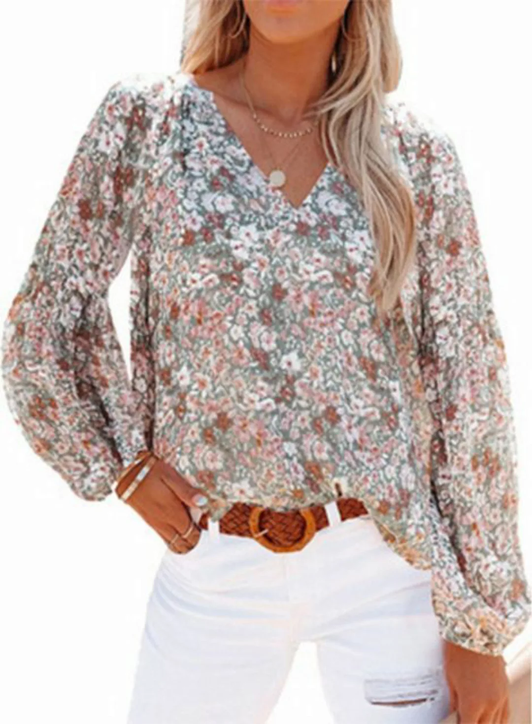 KIKI Langarmbluse V-Ausschnitt Blusenshirt mit Glockenärmeln und Blumenmust günstig online kaufen