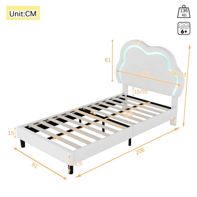 Flieks Polsterbett, LED Kinderbett 90x200cm mit höhenstellbarem Wolkenform- günstig online kaufen