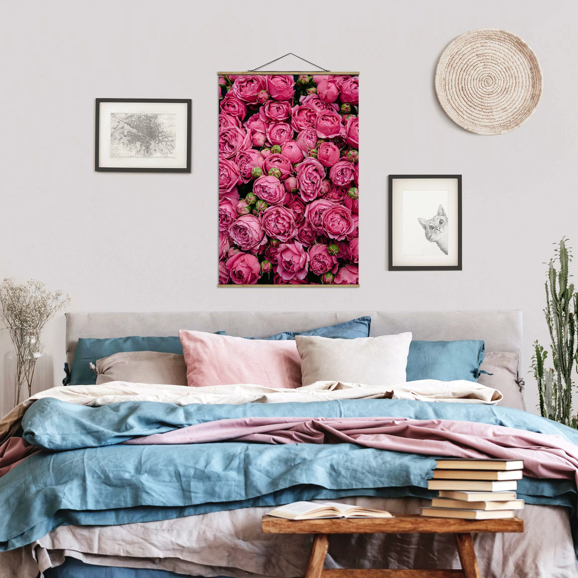 Stoffbild Blumen mit Posterleisten - Hochformat Pinke Pfingstrosen günstig online kaufen