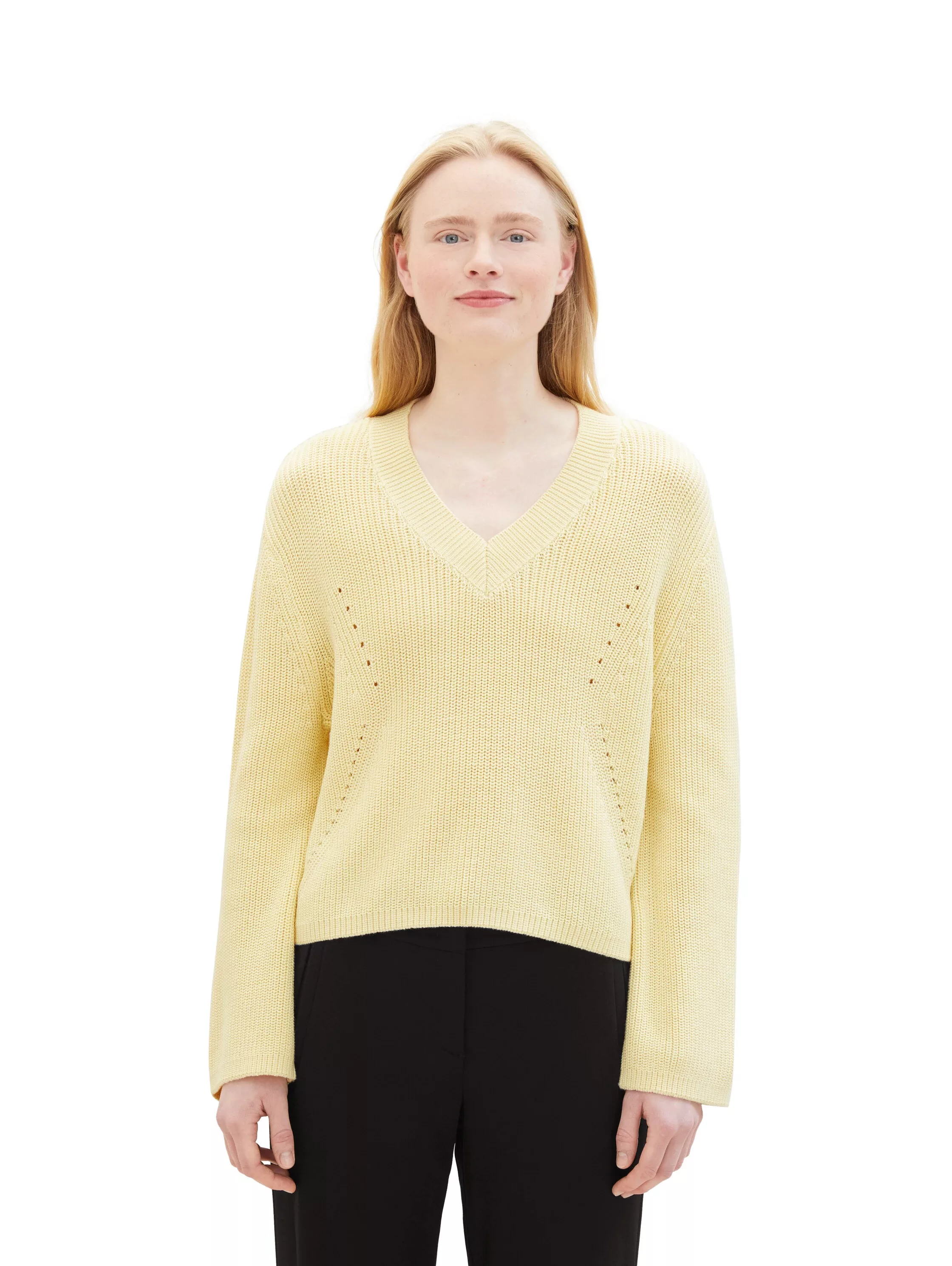 TOM TAILOR Denim V-Ausschnitt-Pullover, in kurzer Form und mit Strukturmix günstig online kaufen