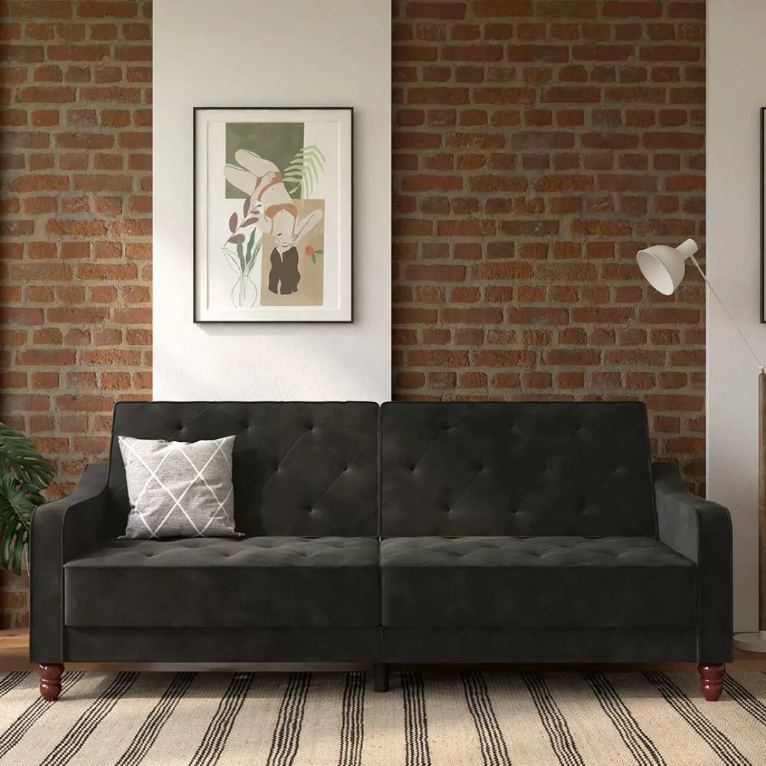 Couch mit Schlaffunktion in Dunkelgrau Samt Rücken Klappmechanik günstig online kaufen