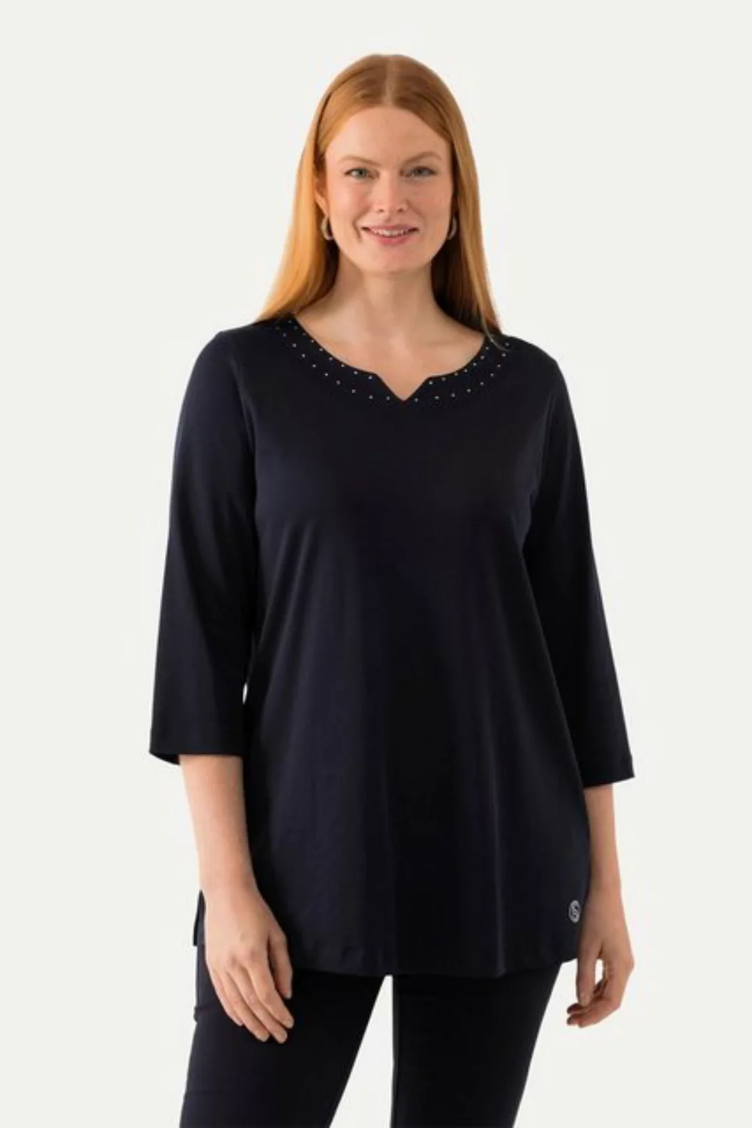 Ulla Popken Rundhalsshirt Shirt Pima Cotton A-Linie Ziersteine Rundhals günstig online kaufen