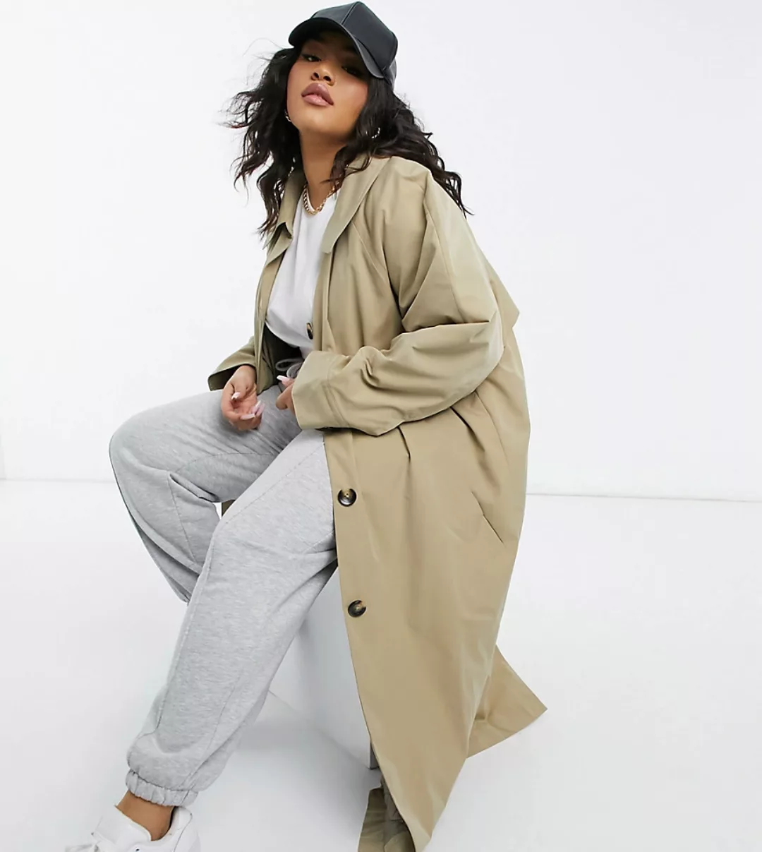 ASOS DESIGN Curve – Boyfriend-Trenchcoat mit Steppfutter in Steinfarben-Neu günstig online kaufen