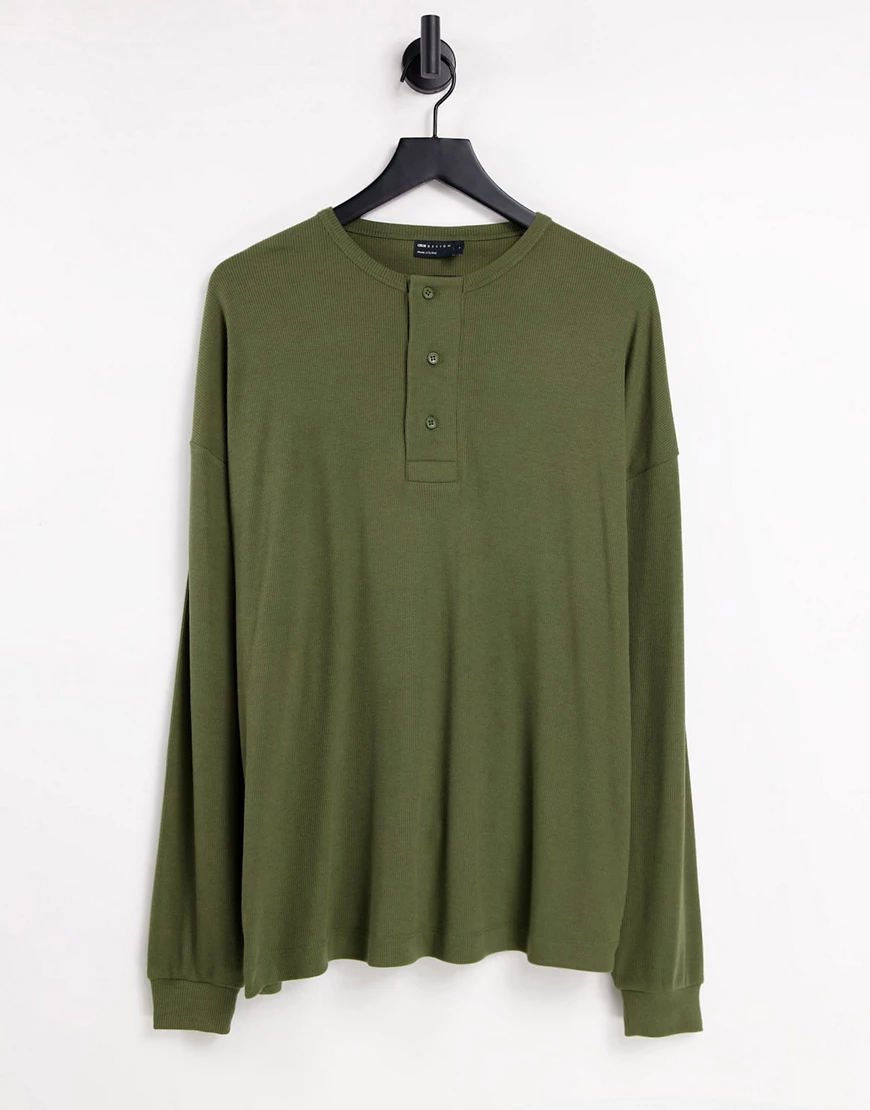 ASOS DESIGN – Langärmliges Oversize-Shirt in Khaki mit Rippstruktur-Grün günstig online kaufen