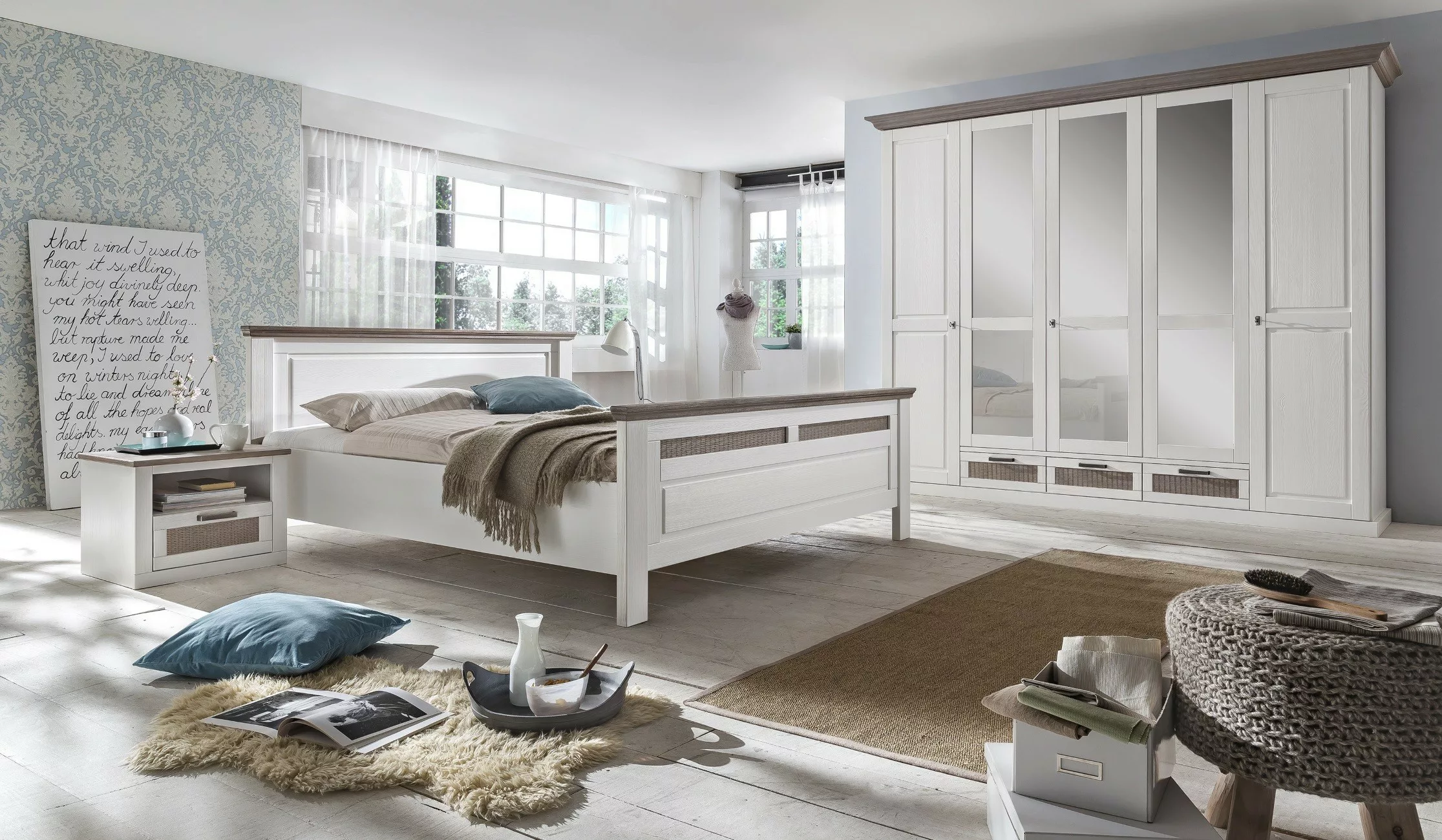 Schlafzimmer Set mit Bett 160x200 + Drehtürenschrank 5-türig + 2x Nachttisc günstig online kaufen