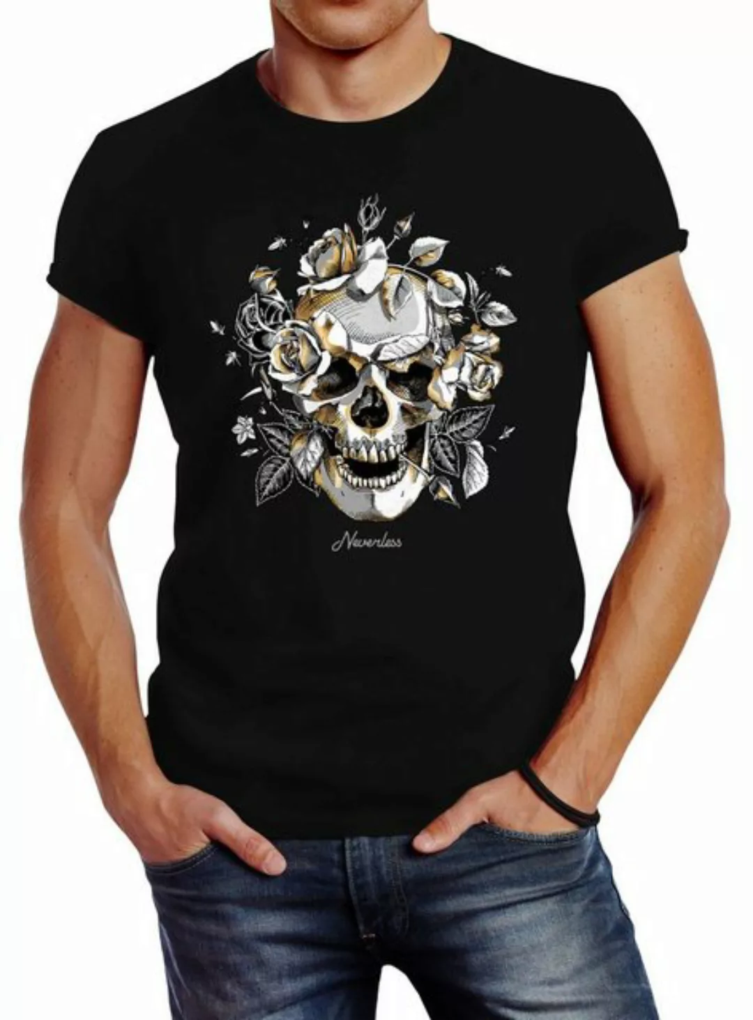 Neverless Print-Shirt Herren T-Shirt Totenkopf Rosen Skull Roses Schädel Sl günstig online kaufen
