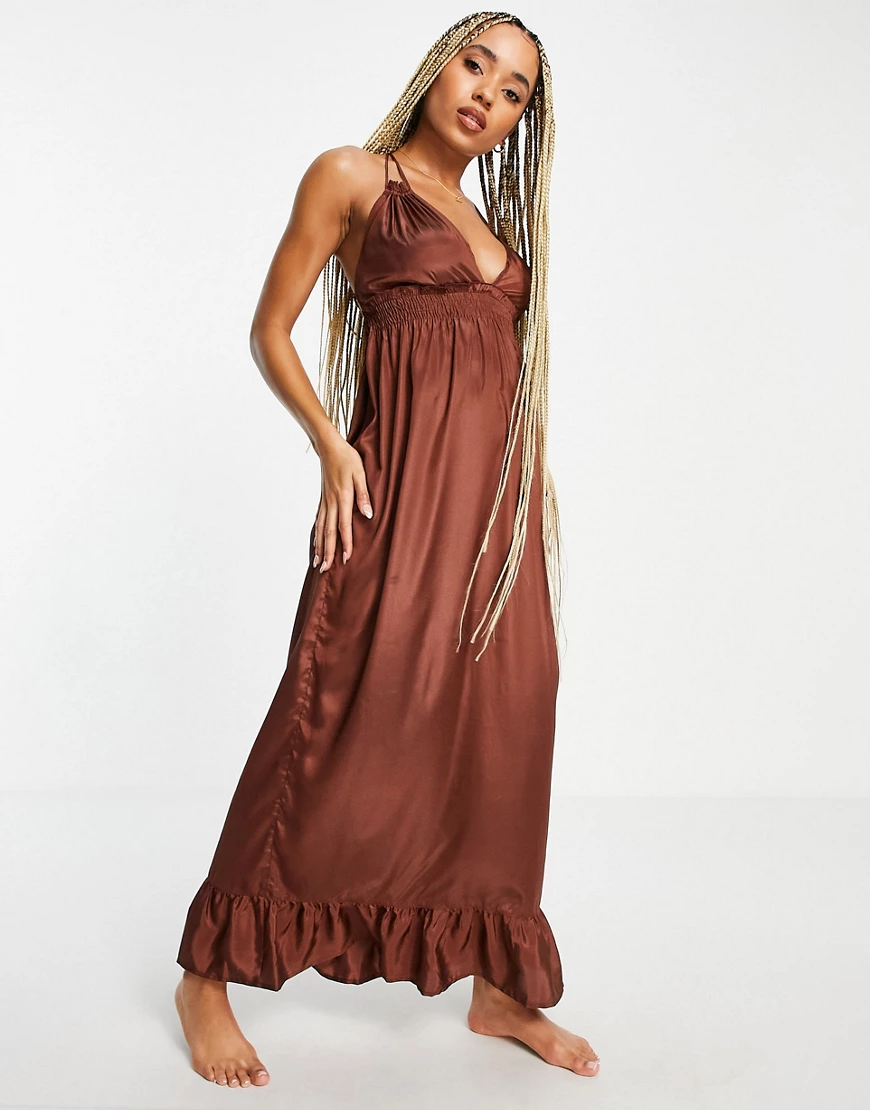 ASOS DESIGN – Gestuftes Maxi-Strandkleid in Schokoladenbraun mit engem Schn günstig online kaufen