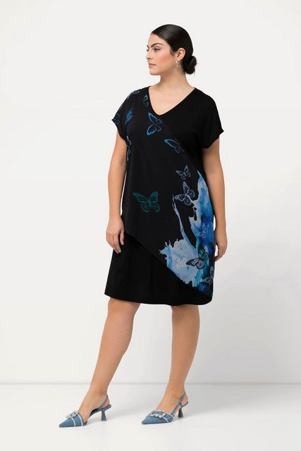 Ulla Popken Minikleid Jerseykleid Chiffon-Überwurf V-Ausschnitt Halbarm günstig online kaufen