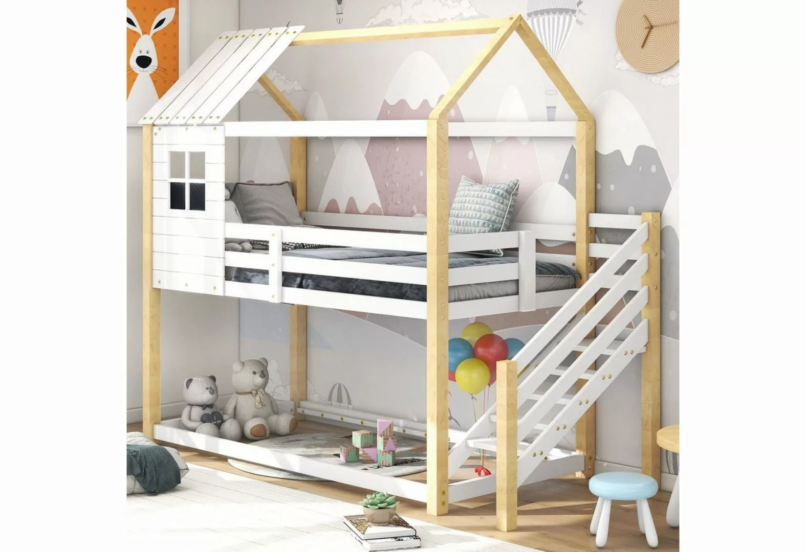 Celya Etagenbett Hausbett Kinderbett 90x200cm mit Fallschutz und Gitter, Be günstig online kaufen