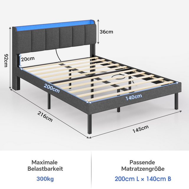 Aunfebrco Bett mit Lattenrost und LED-Kopfteil mit Fernbedienung, für Schla günstig online kaufen
