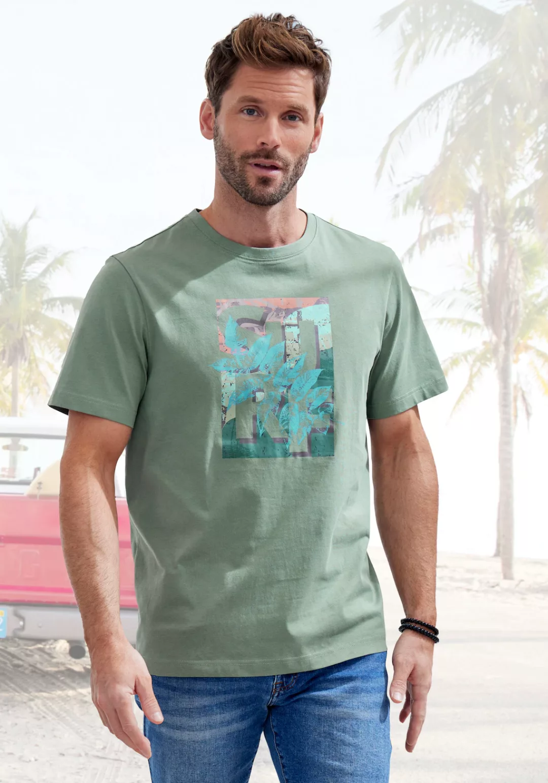 John Devin T-Shirt Rundhalsshirt mit Surf -Aufdruck aus reiner Baumwolle günstig online kaufen