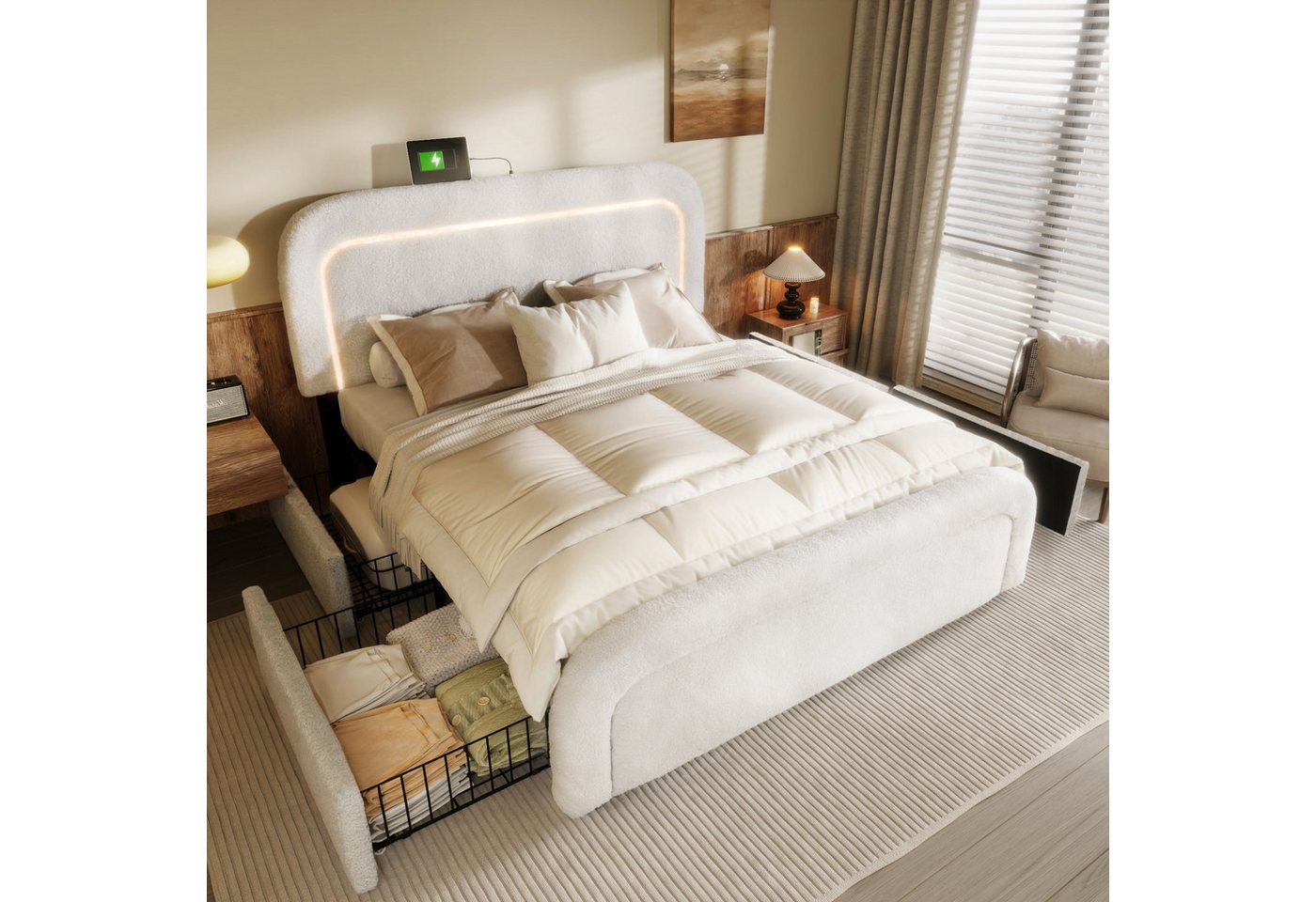 REDOM Polsterbett Doppelbett (LED-Beleuchtung und 4 Schubladen, Holzbett), günstig online kaufen