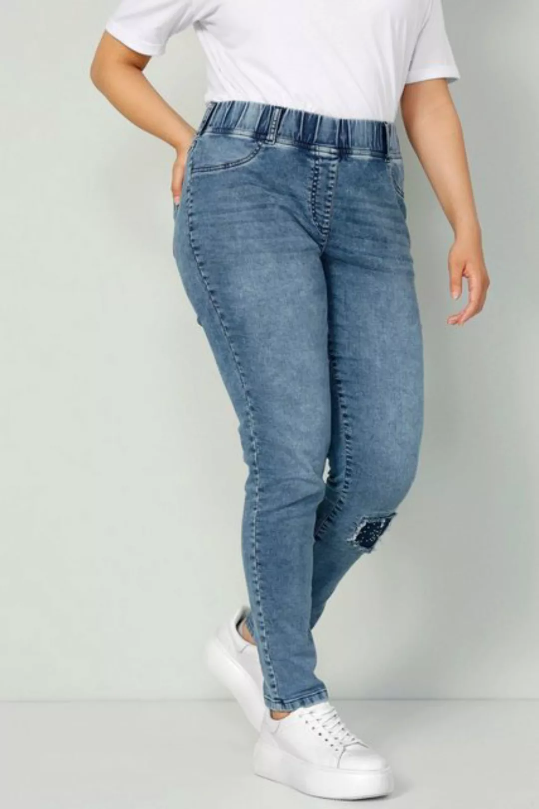 MIAMODA Lederimitathose Jeggings Slim Fit Destroy-Effekt mit Ziersteinchen günstig online kaufen