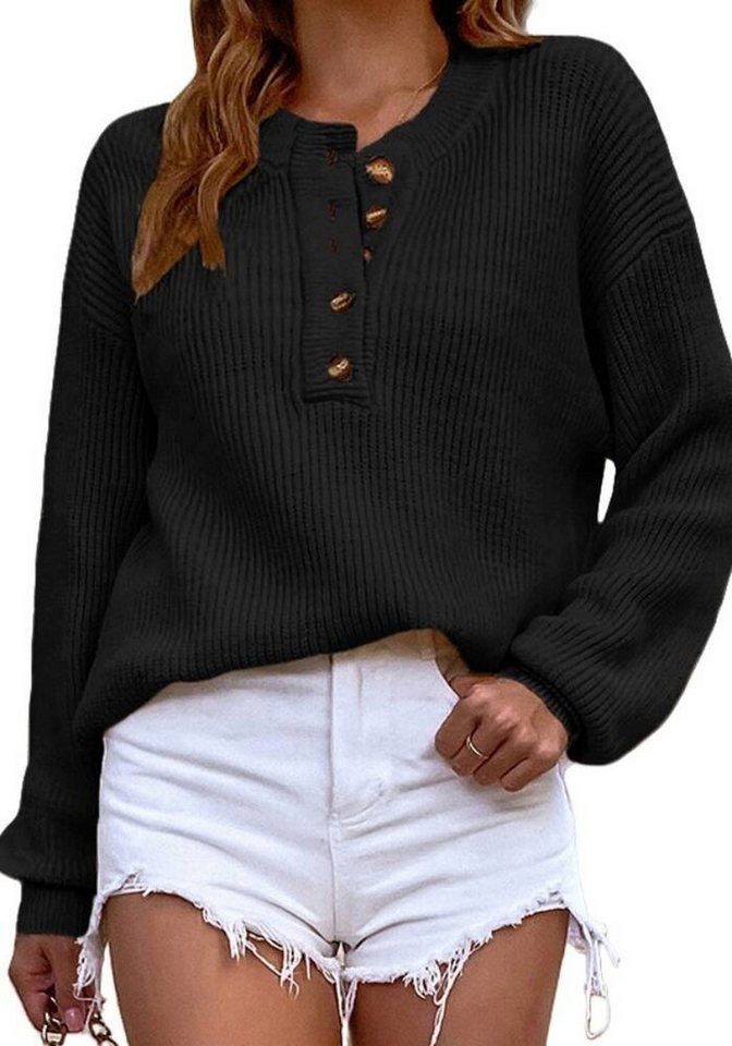 Nebelmeer Strickpullover Knopf Pullover Pullover Damen Rundhalsausschnitt O günstig online kaufen