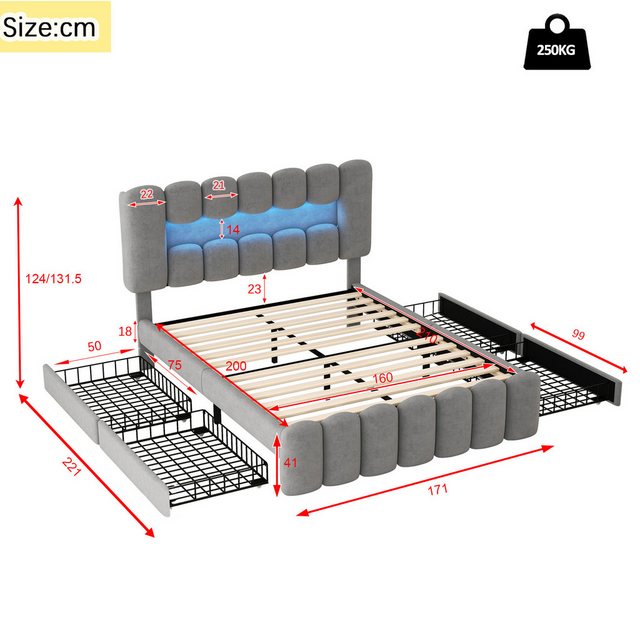 HAUSS SPLOE Polsterbett 160x200cm mit 4 Schubladen, LED-Lichtleiste, USB, S günstig online kaufen