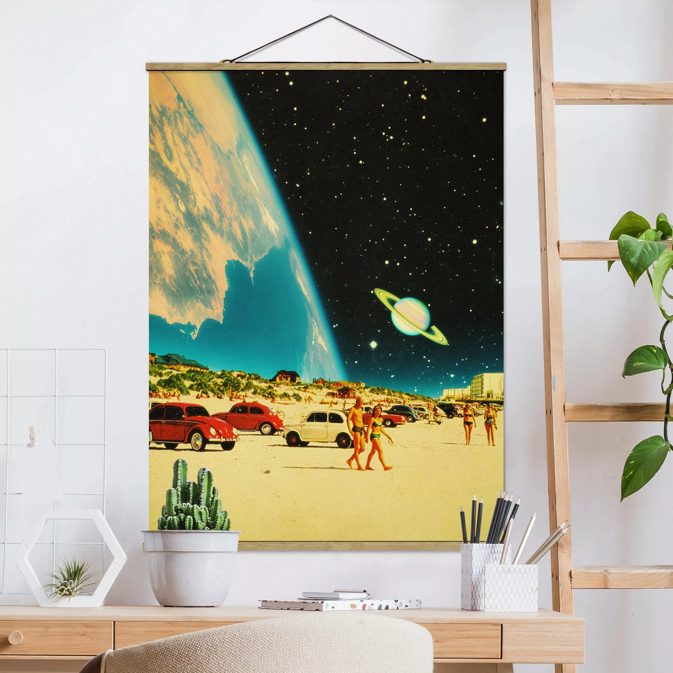 Stoffbild mit Posterleisten Retro Collage - Galaktischer Strand günstig online kaufen