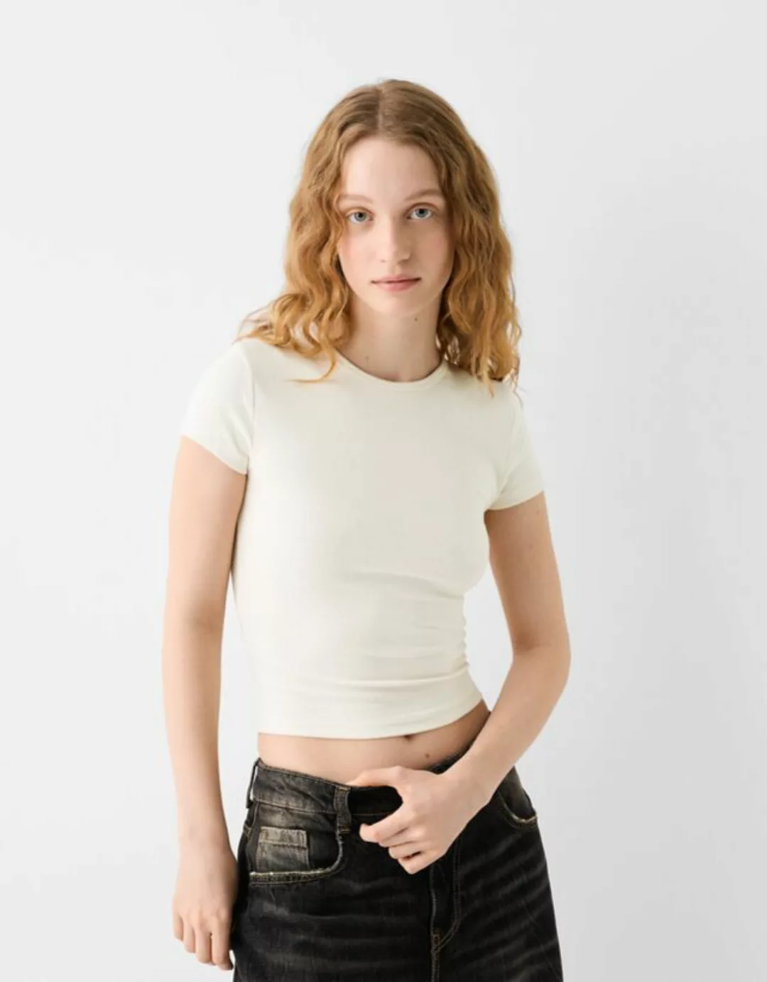 Bershka T-Shirt Mit Rundausschnitt Damen Xs Beige günstig online kaufen