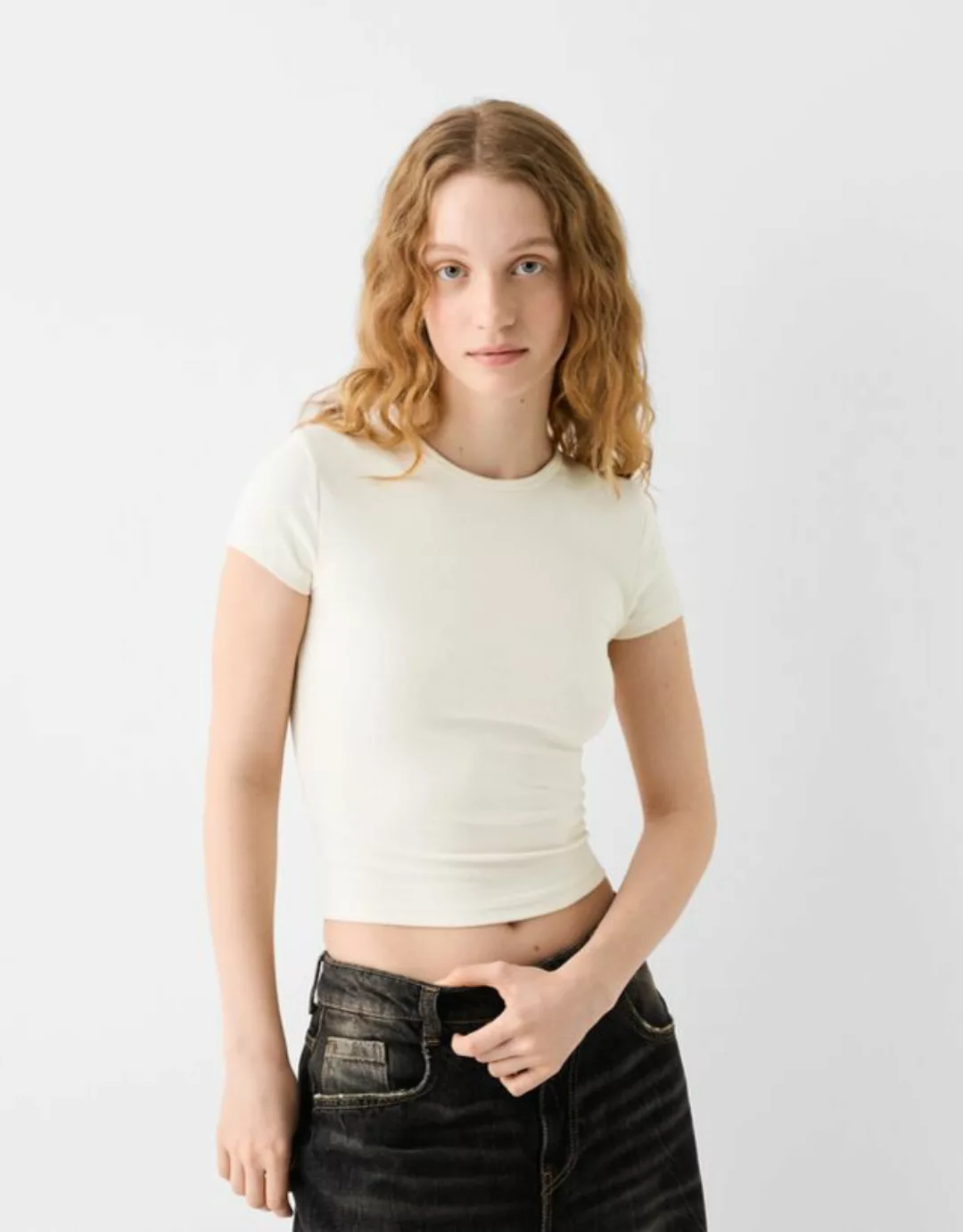 Bershka T-Shirt Mit Rundausschnitt Damen M Beige günstig online kaufen