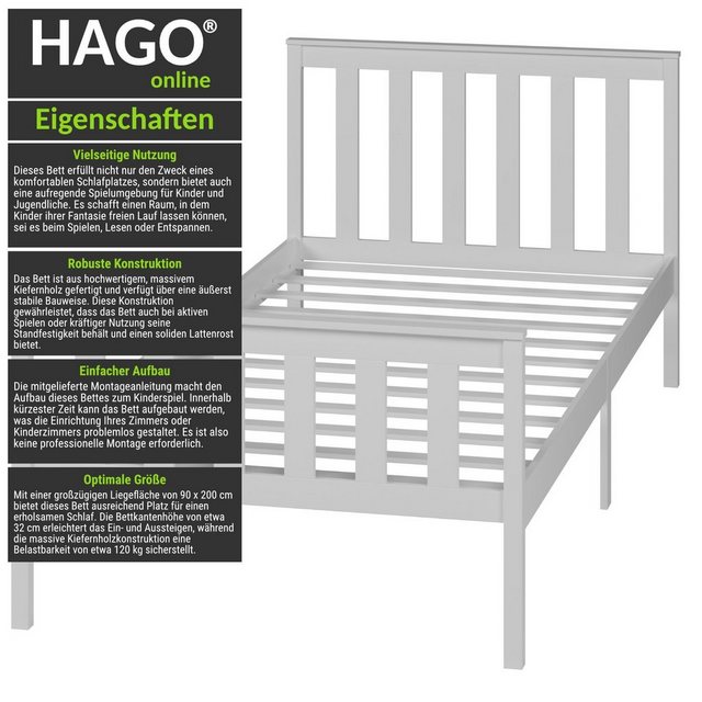 HAGO Bettgestell Einzelbett 90x200cm Weiß Bettrahmen Jugendbett Kinderbett günstig online kaufen
