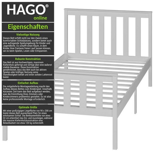 HAGO Bettgestell Kinderbett Jugendbett 90x200 Weiß Holz Kiefer Lattenrost G günstig online kaufen