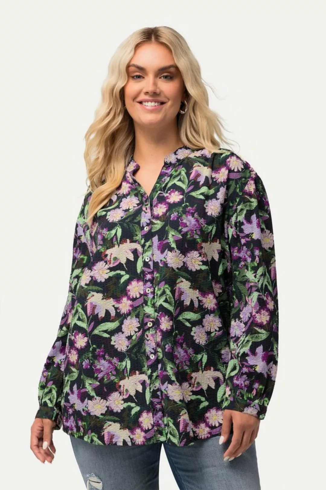 Ulla Popken Longbluse Bluse Seersucker A-Linie V-Ausschnitt Langarm günstig online kaufen