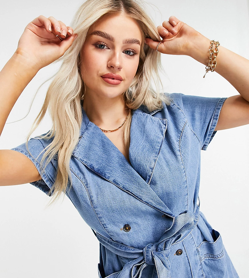 ASOS DESIGN Petite – Doppelreihiges Hemdkleid aus Denim in verwaschenem Mit günstig online kaufen