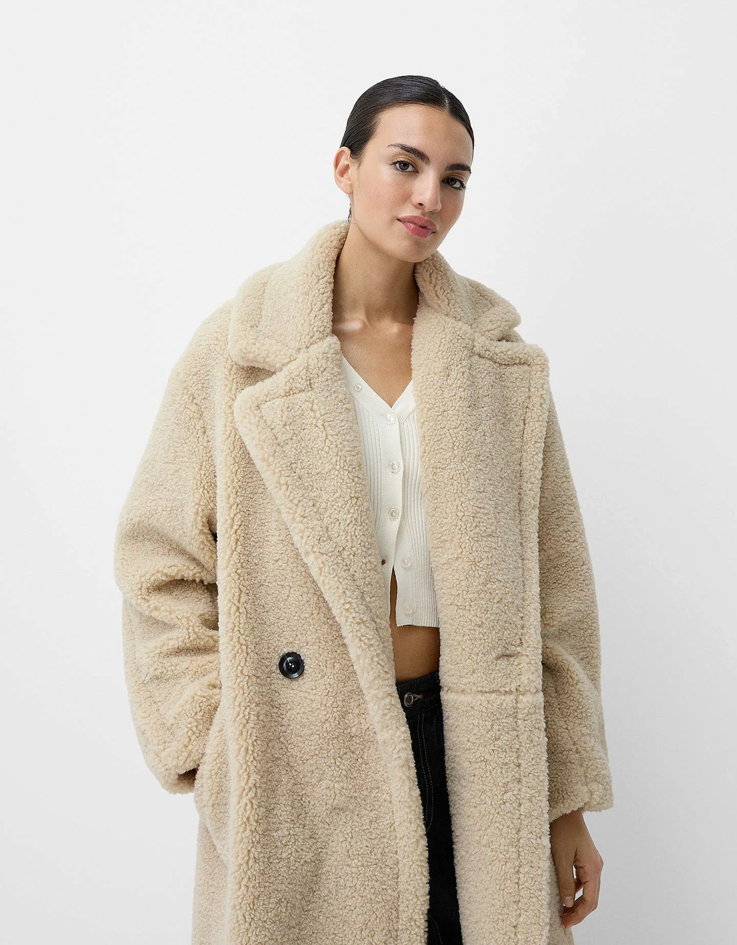 Bershka Langer Mantel Aus Lammfellimitat Damen Xs Rohweiß günstig online kaufen