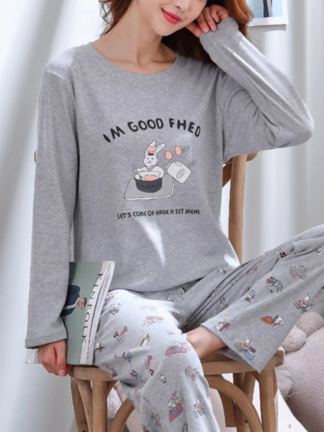 Damen Niedlicher Cartoon-Pyjama mit Tiermotiv-Set Langarm-Loungewear mit O- günstig online kaufen