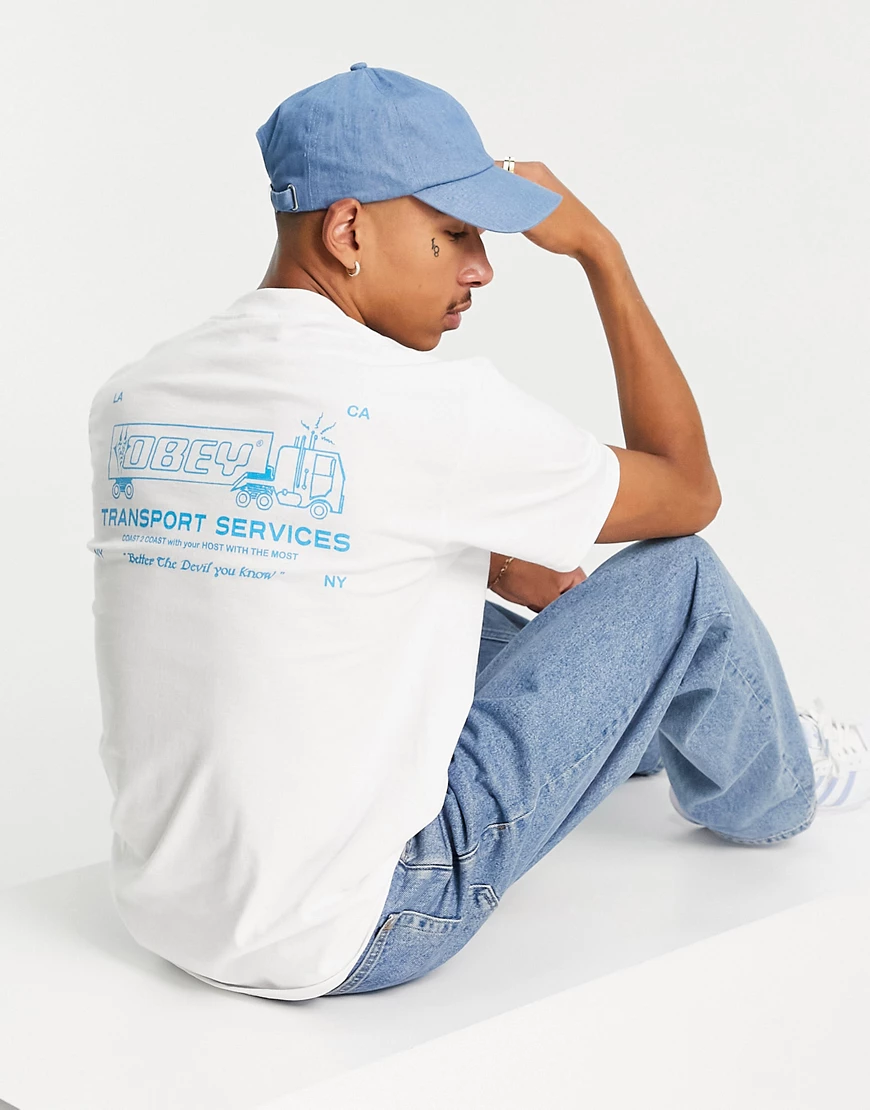 Obey – T-Shirt in Weiß mit „Transport Services“-Print hinten günstig online kaufen