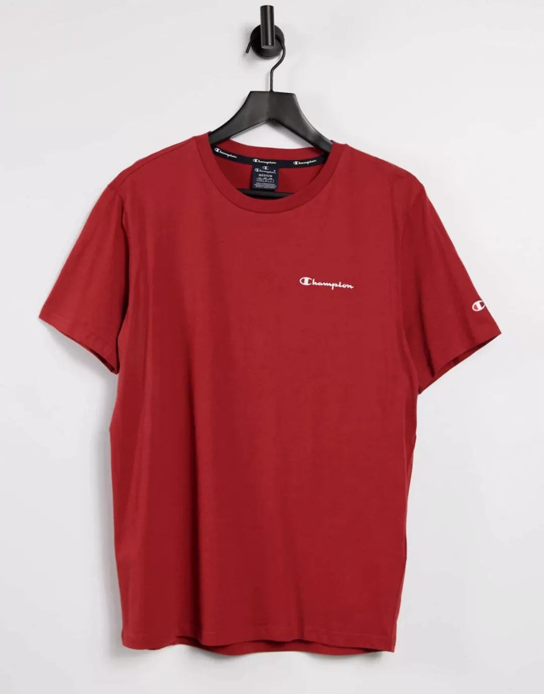 Champion – T-Shirt in Burgunderrot mit kleinem Schriftzug-Logo auf der Brus günstig online kaufen