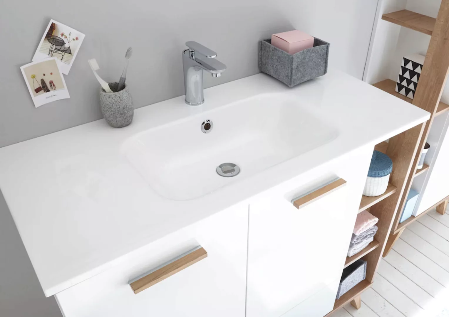 Saphir Badmöbel-Set "Quickset Mineralmarmor-Waschtisch mit LED-Spiegelschra günstig online kaufen