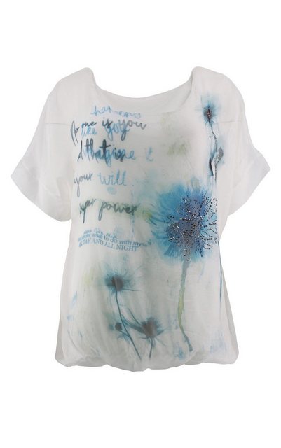 Passioni Chiffonbluse Chiffontunika in Weiß mit hellblauem Text und Blumenm günstig online kaufen