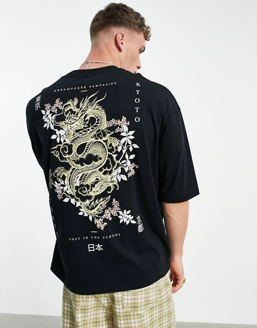 ASOS DESIGN – Oversize-T-Shirt aus Bio-Baumwollmix in Schwarz mit Drachen-P günstig online kaufen