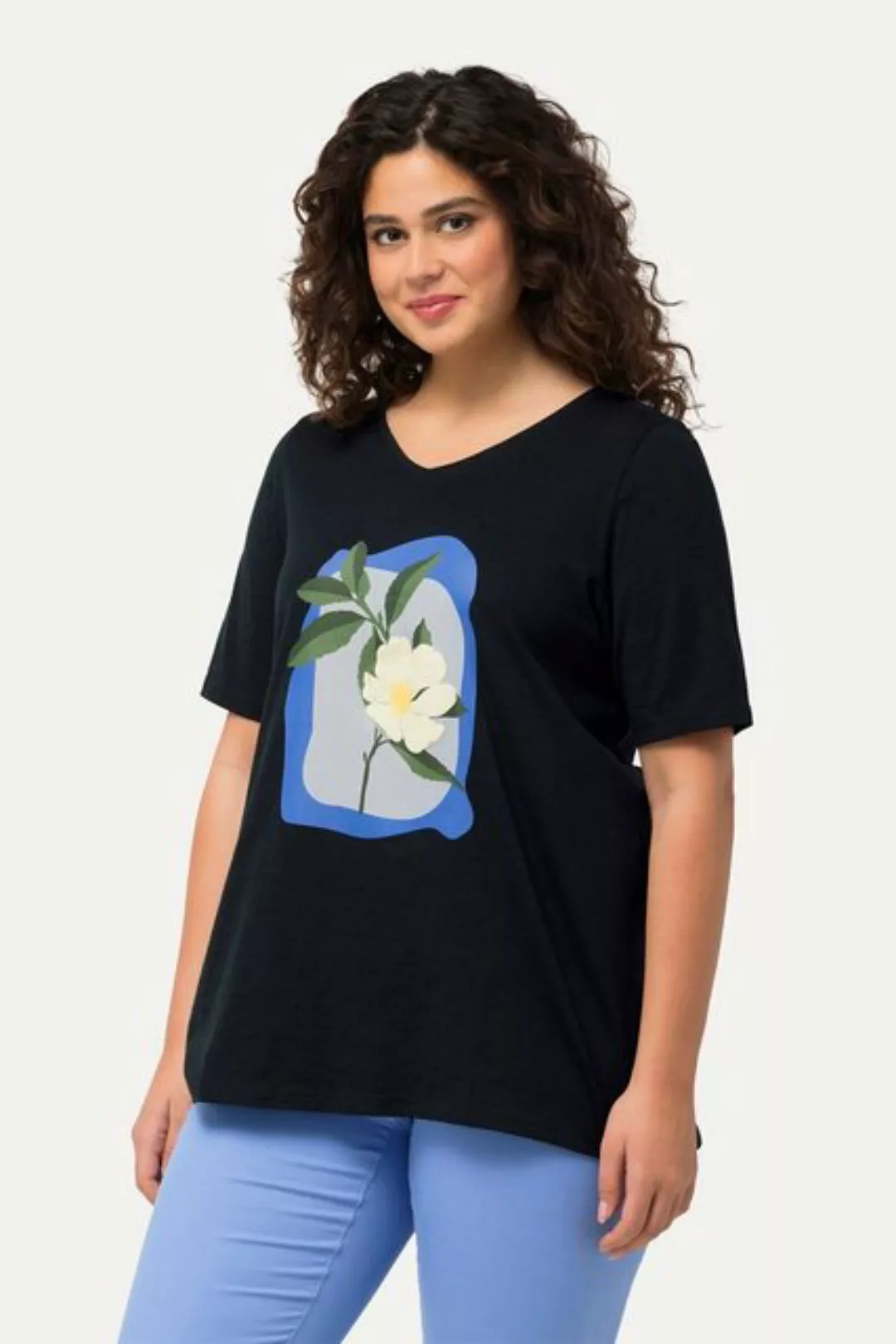 Ulla Popken Rundhalsshirt T-Shirt Blüte A-Linie V-Ausschnitt Halbarm günstig online kaufen