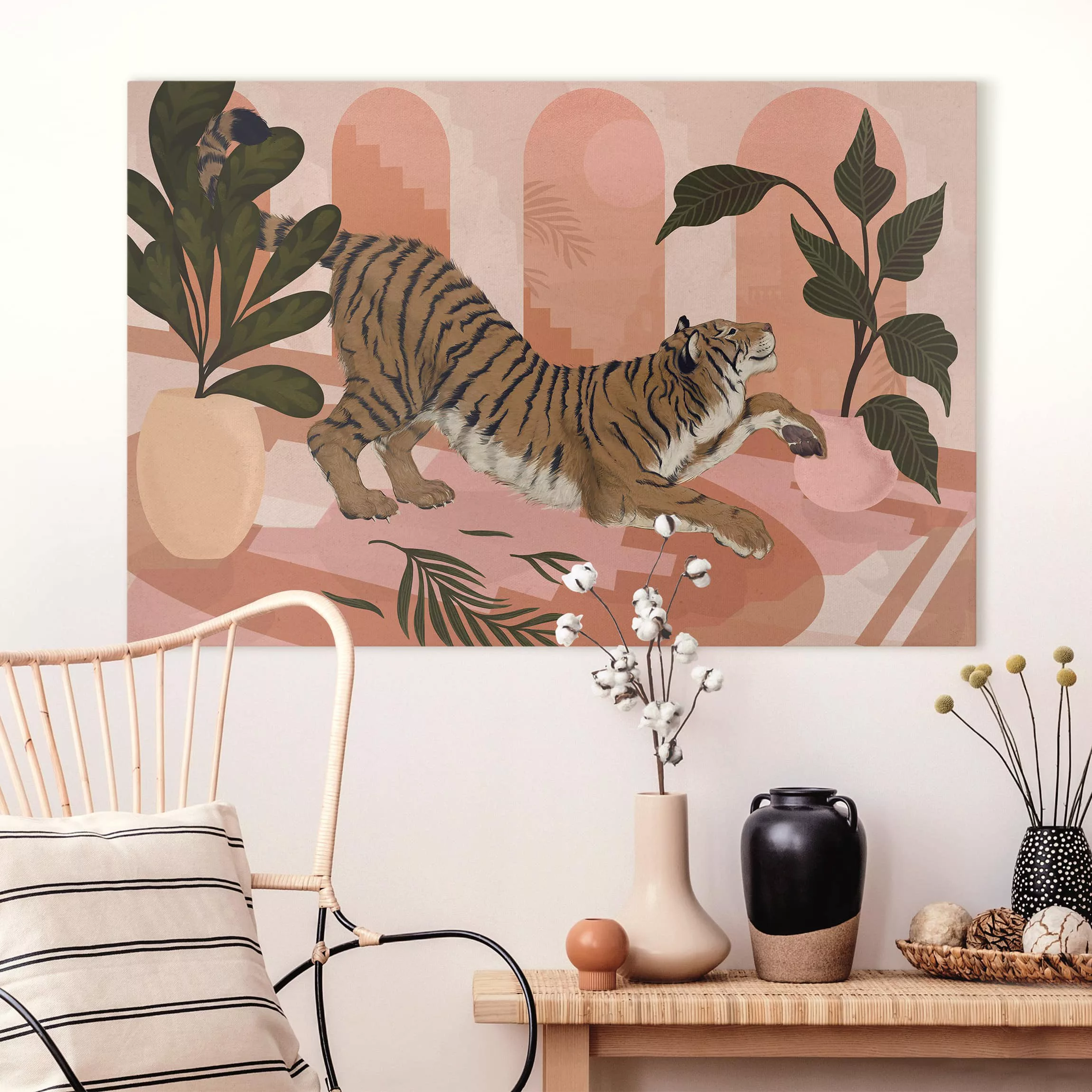 Leinwandbild Tiere - Querformat Illustration Tiger in Pastell Rosa Malerei günstig online kaufen