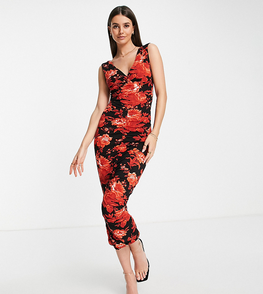 ASOS DESIGN Tall – Korsett-Midikleid in Rot mit tiefsitzender Taille und Bl günstig online kaufen