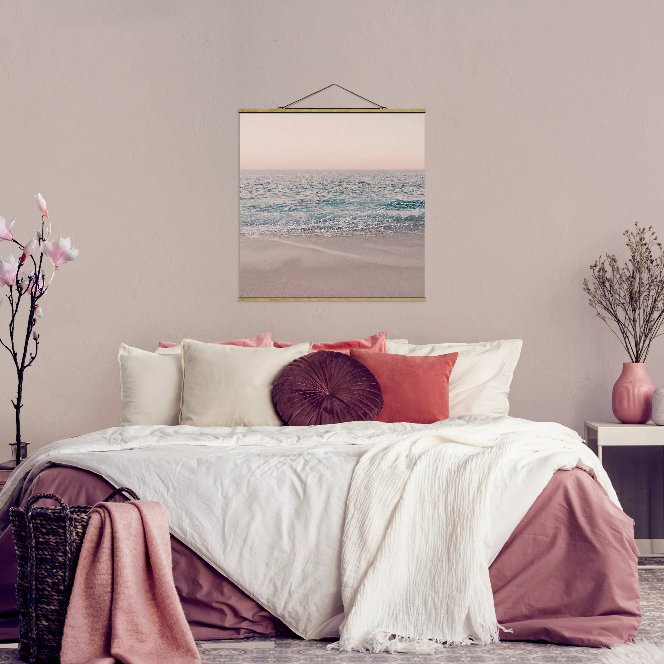 Stoffbild mit Posterleisten Roségoldener Strand am Morgen günstig online kaufen