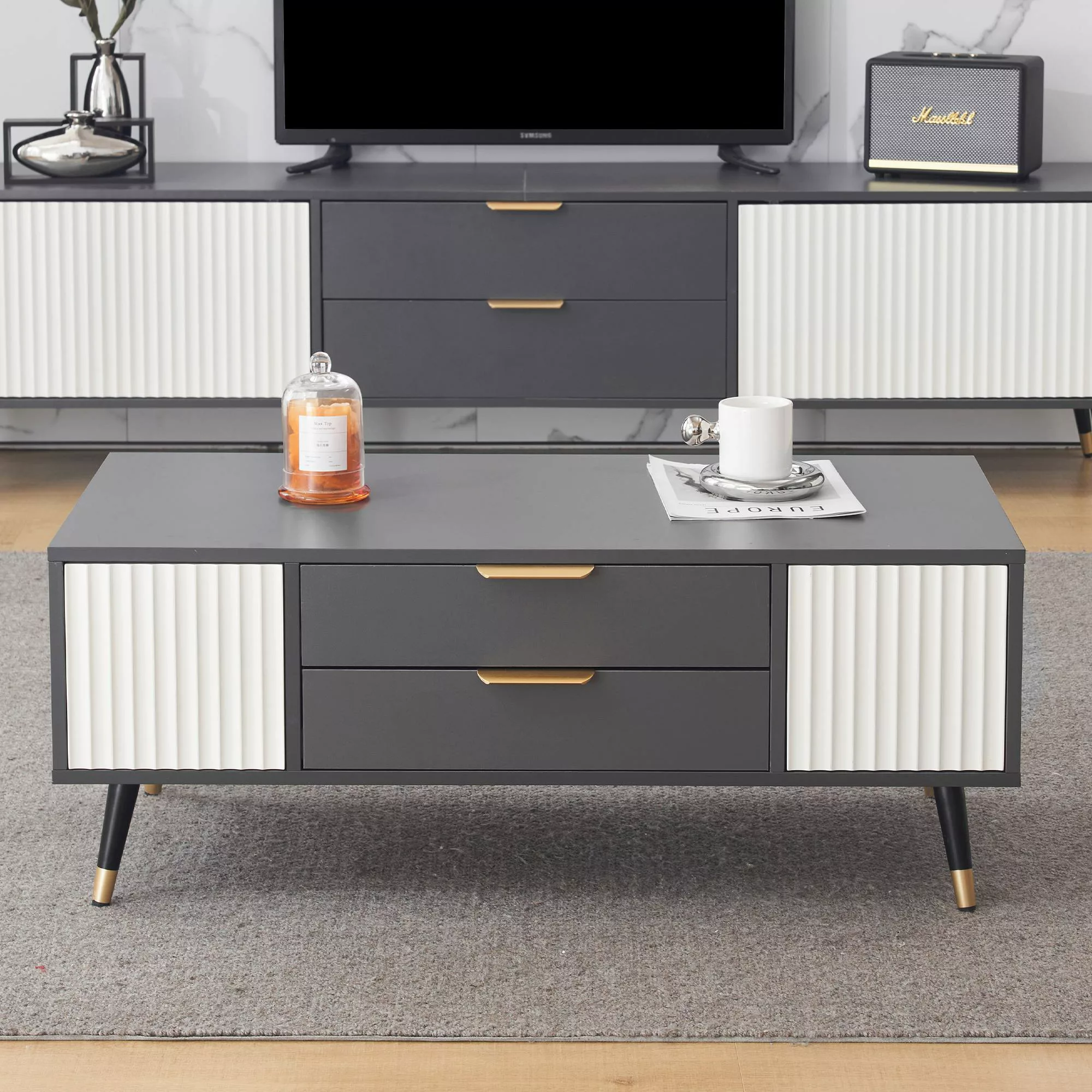 Moderner Couchtisch 100×50×40 cm mit 2 Türen, 2 Schubladen und goldenen Akz günstig online kaufen