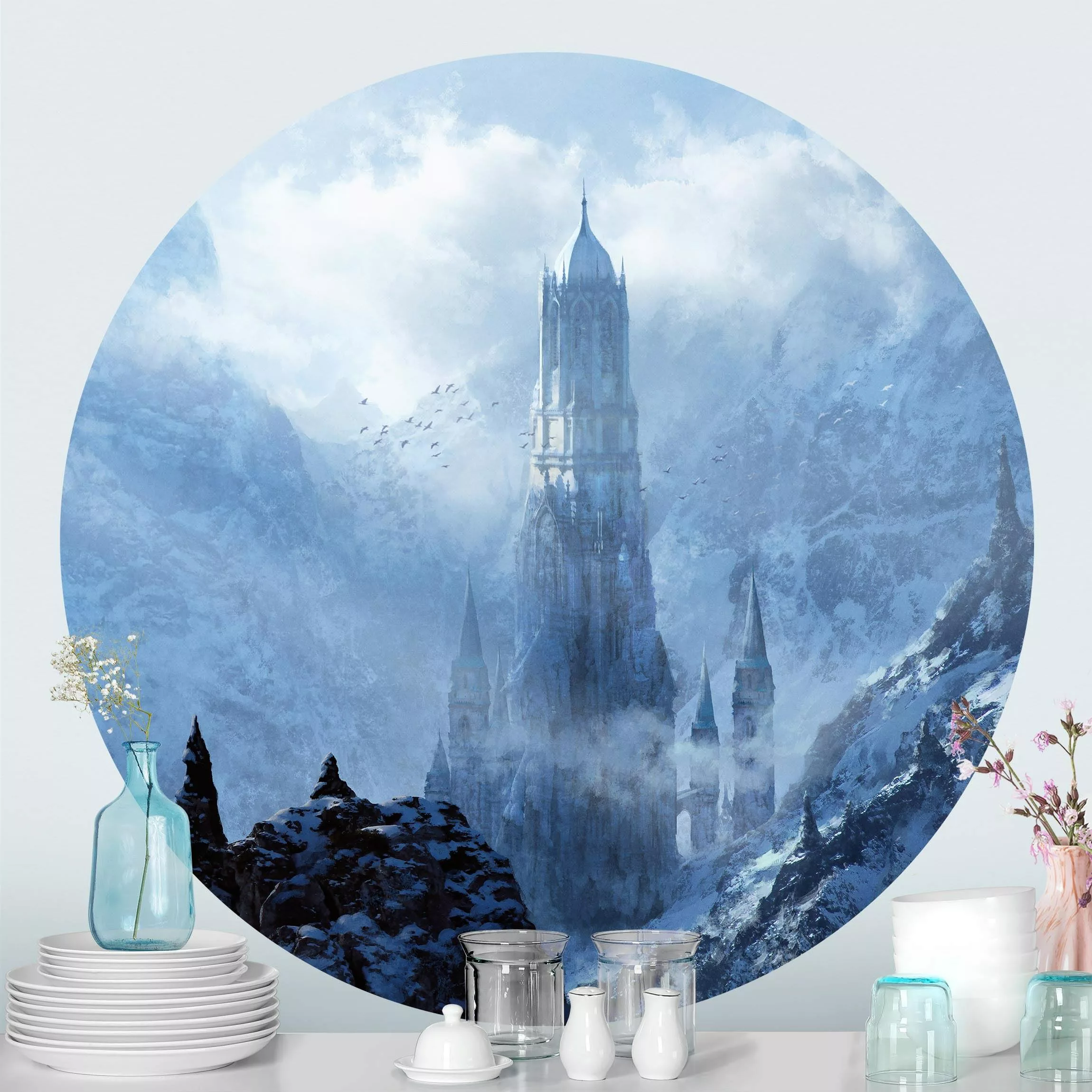 Runde Tapete selbstklebend Phantastisches Schloss im Schnee günstig online kaufen