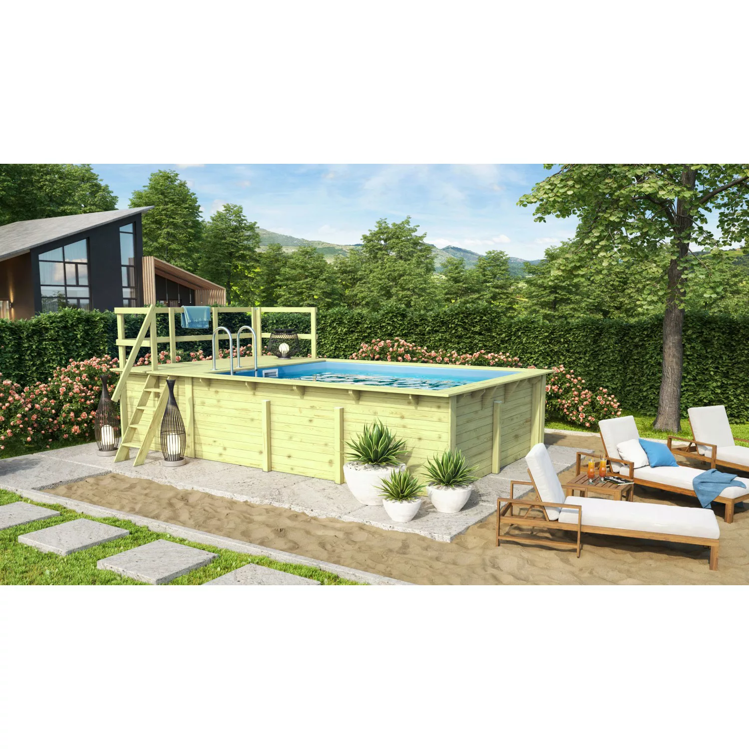 Karibu Rechteckpool "Holzpool Roma A BxLxH: 353x400x124 cm mit Sonnendeck", günstig online kaufen