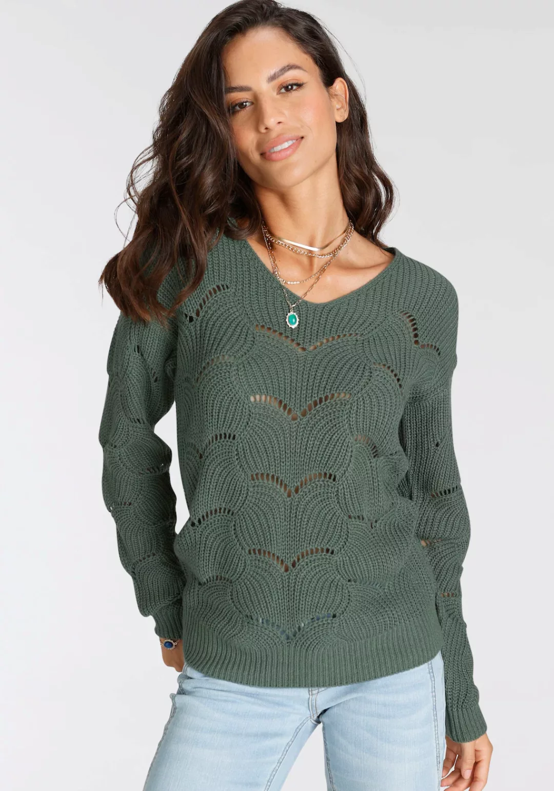 Laura Scott V-Ausschnitt-Pullover mit modischem Strickmuster - NEUE FARBEN günstig online kaufen