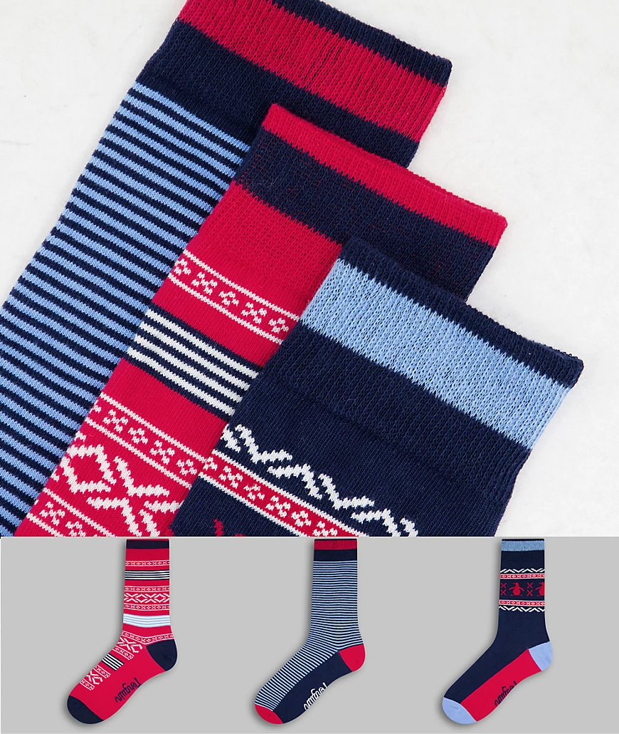 Original Penguin – 3er-Pack Socken in Marineblau mit Fair-Isle-Muster günstig online kaufen