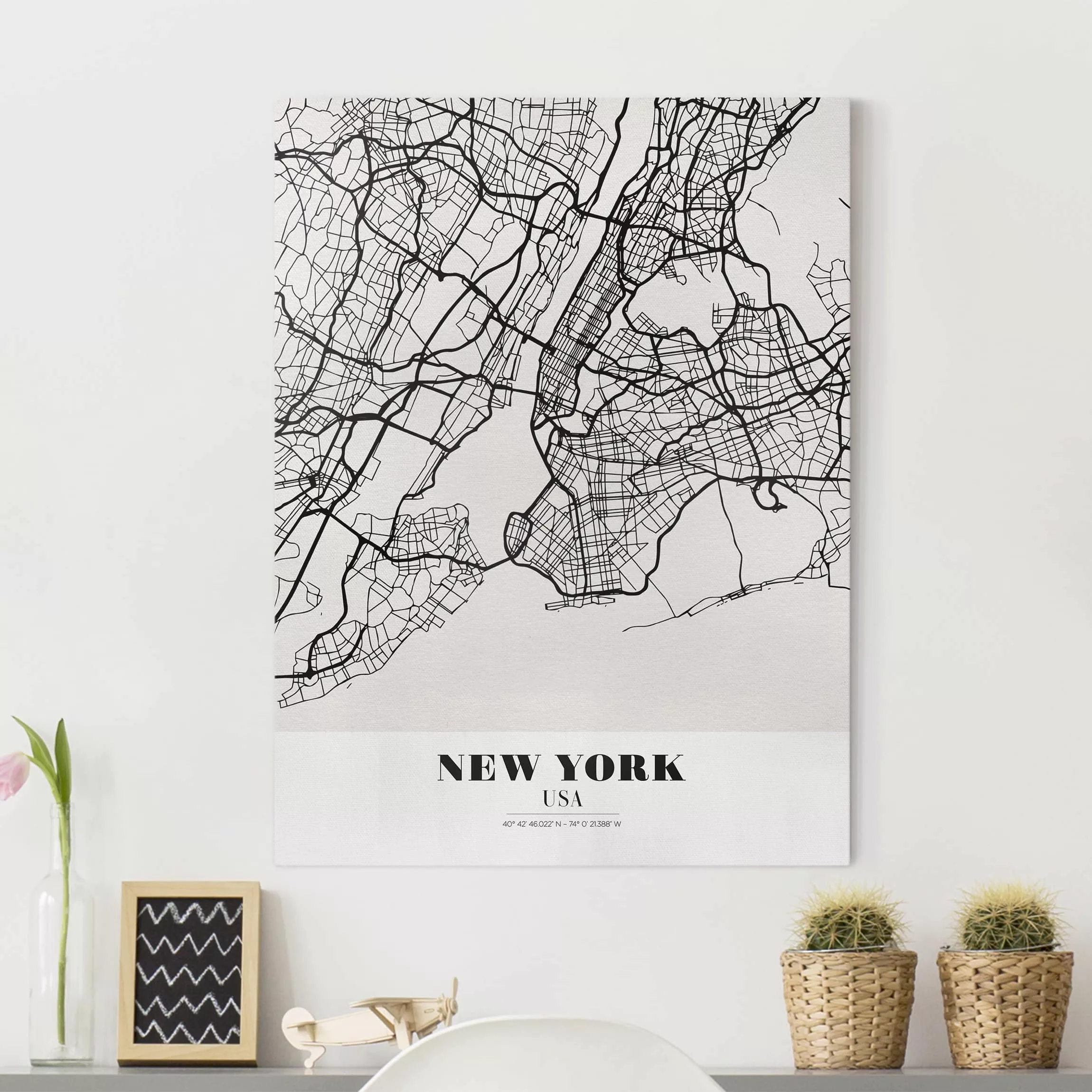 Leinwandbild Schwarz-Weiß - Hochformat Stadtplan New York - Klassik günstig online kaufen