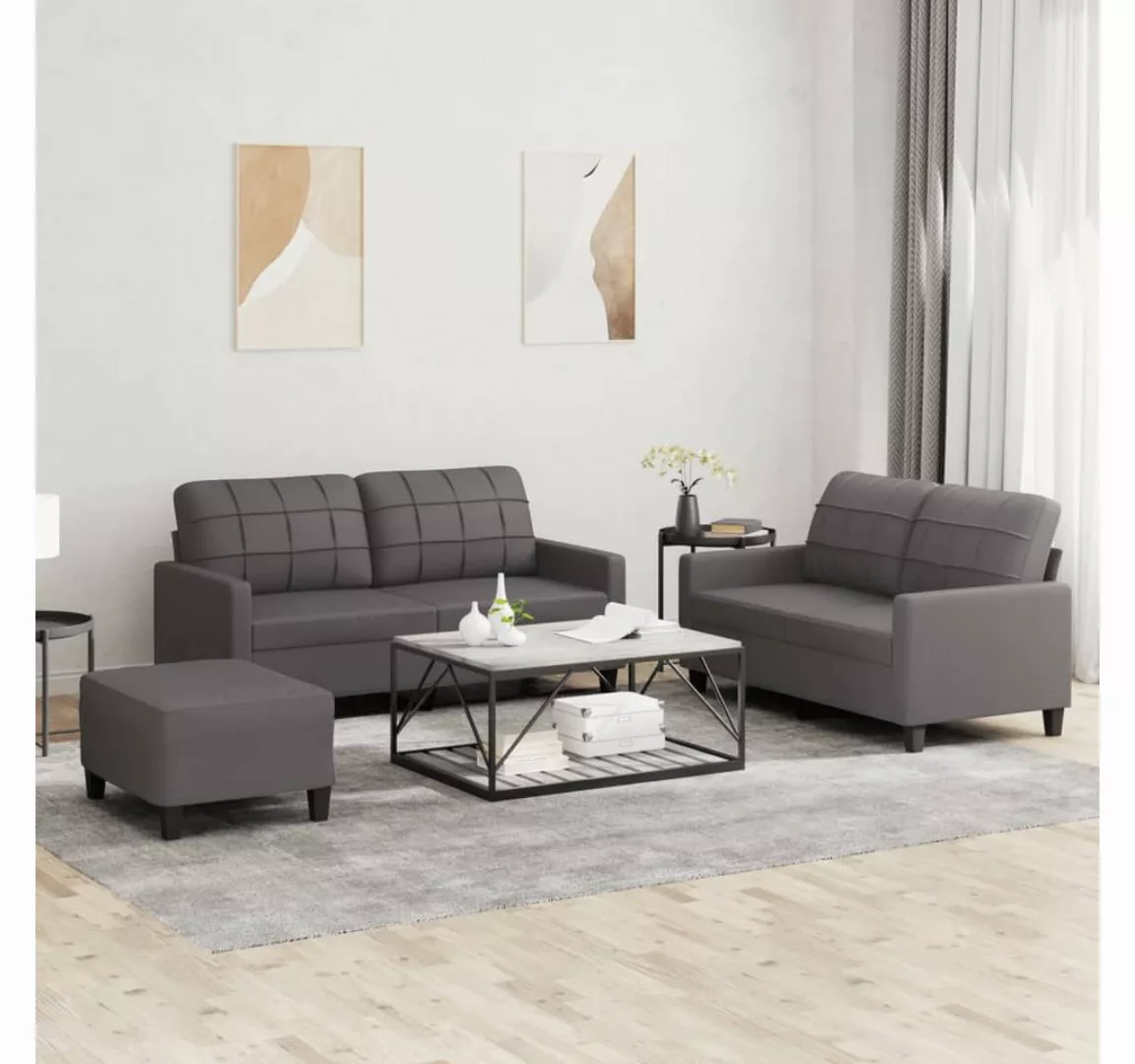 vidaXL Sofa Sofagarnitur mit Kissen Kunstleder, Standard + Fußhocker, Grau günstig online kaufen