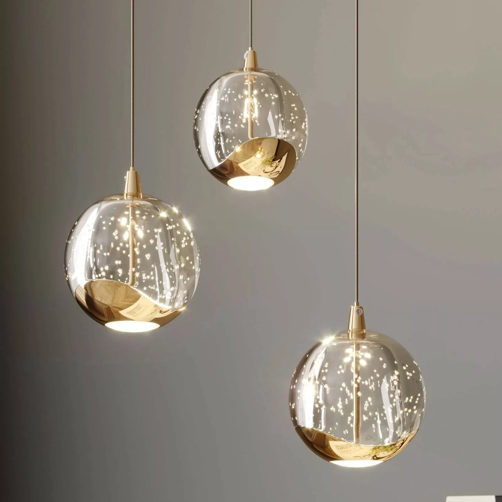 Lucande LED-Pendellampe Hayley, Ø 25 cm, 3-flg., gold, Glas günstig online kaufen