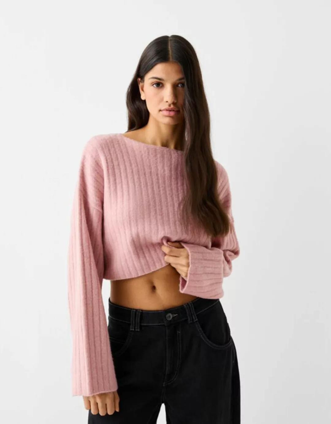 Bershka Cropped-Strickpullover Mit Patentmuster Und Fallenden Ärmeln Damen günstig online kaufen