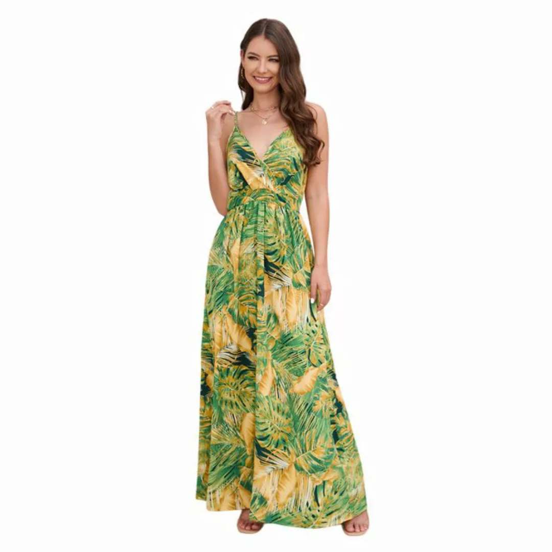 Mayou Sommerkleid Damen Blumendruck Ärmellos V-Ausschnitt Boho Strandkleid günstig online kaufen