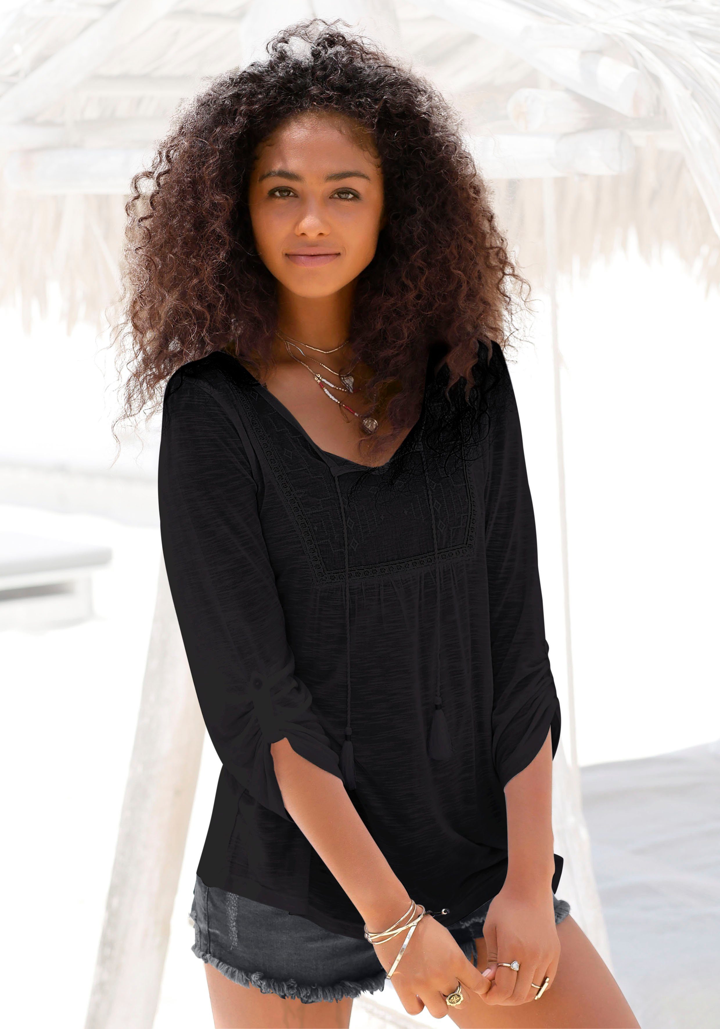 Buffalo Strandshirt, mit Stickerei und Quasten, Tunika, 3/4-Arm, Blusenshir günstig online kaufen