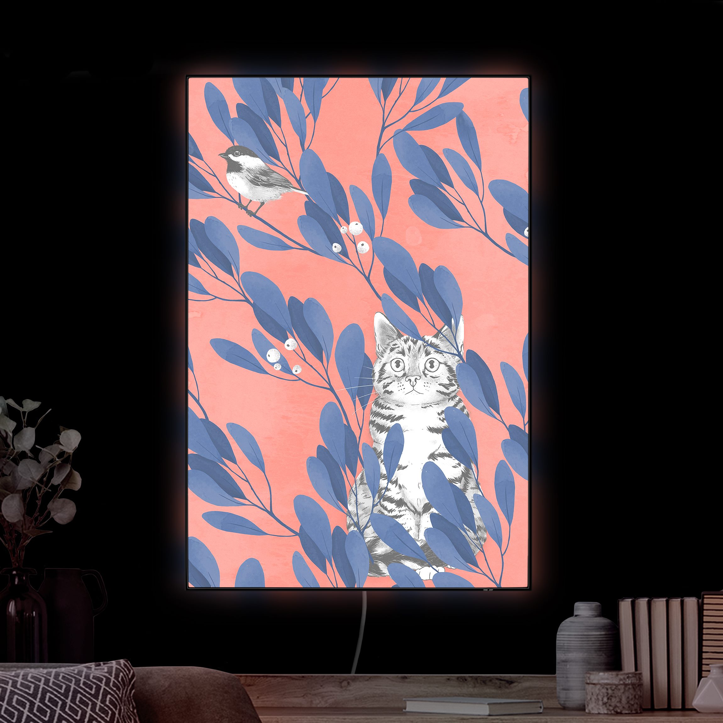 LED-Wechselbild Illustration Katze und Vogel auf Ast Blau Rot günstig online kaufen